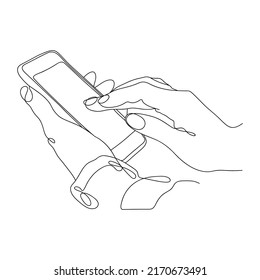 Outline drawing of Hands with a Mobile Phone. Hands are holding a Mobile Phone. Simple black and white drawing in one Line style. Finding information, assessing quality, leaving feedback and reviews.