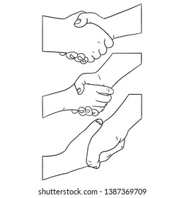 outline drawing of hands shaking from three different perspectives. Vector illustration, isolated set of hands in black and white.
