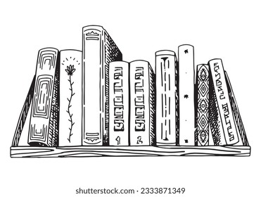 Dibujo de esquema de la estantería colgante. Una pila de libros. Ilustración vectorial dibujada a mano. Clásico de estilo retro grabado aislado en fondo blanco.
