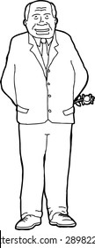 Outline drawing of happy businessman holding a rose