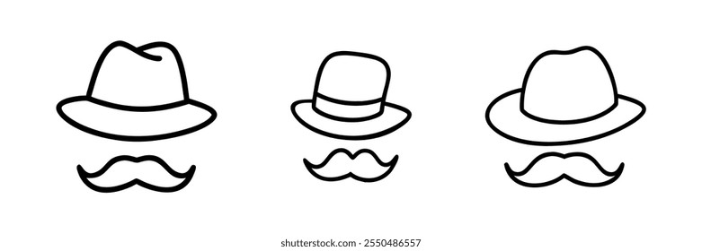 Desenho de contorno de um chapéu com um bigode, simbolizando estilo ou masculinidade.