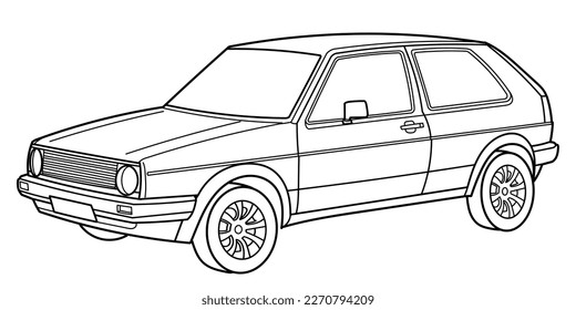 Dibujo de esquema de un coche de retroceso desde la vista frontal y lateral. Estilo de los 80. Ilustración del doodle del contorno del vector. Diseño para impresión o libro de colores.	
