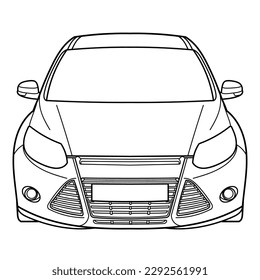 Outline drawing of a hatchback car from front 3d view. Classic style. Vector outline doodle illustration. Design for print or color book
