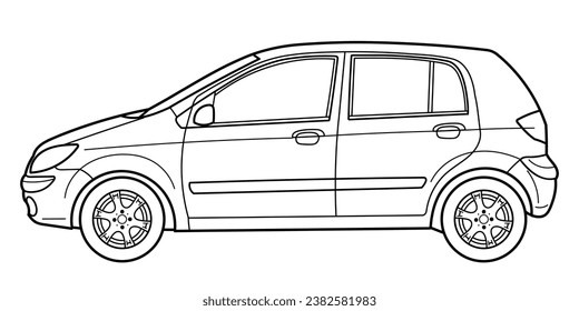 Outline drawing of a hatchback car from front 3d view. Classic style. Vector outline doodle illustration. Design for print or color book	