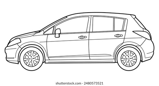 Outline drawing of a hatchback car from front 3d view. Classic style. Vector outline doodle illustration. Design for print or color book