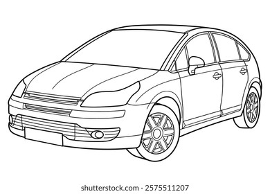 Outline drawing of a hatchback car from front and side 3d view. Classic style. Vector outline doodle illustration. Design for print or color book