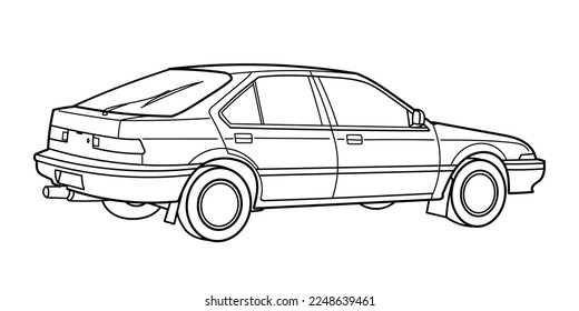 Dibujo de esquema de un vehículo de retroceso desde la vista trasera y lateral. Clásica de los 80, estilo de los 90. Ilustración del doodle del contorno del vector. Diseño para impresión o libro de colores.