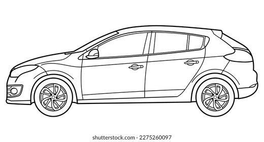 Dibujo de esquema de un coche de retroceso desde la vista lateral. Ilustración del doodle del contorno del vector. Diseño para la impresión o el libro de colores