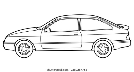 Outline drawing of a hatchback car from side view. Vector outline doodle illustration. Design for print or color book