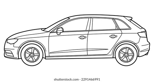 Outline drawing of a hatchback car from side view. Classic style. Vector outline doodle illustration. Design for print or color book