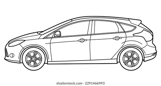 Outline drawing of a hatchback car from side view. Classic style. Vector outline doodle illustration. Design for print or color book