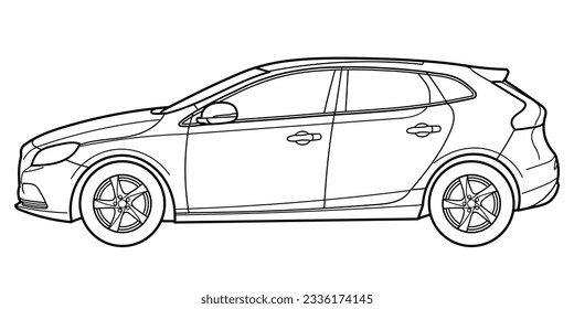 Outline drawing of a hatchback car from side view. Vector outline doodle illustration. Design for print or color book.
