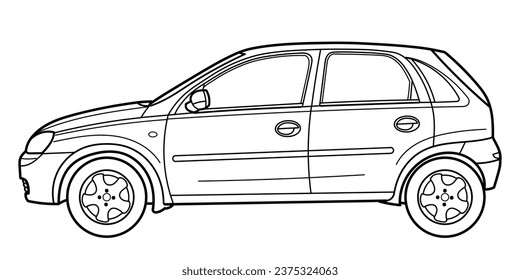 Outline drawing of a hatchback car from side view. Classic style. Vector outline doodle illustration. Design for print or color book	
