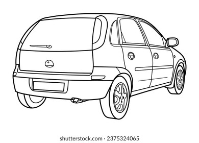 Outline drawing of a hatchback car from side view. Classic style. Vector outline doodle illustration. Design for print or color book	
