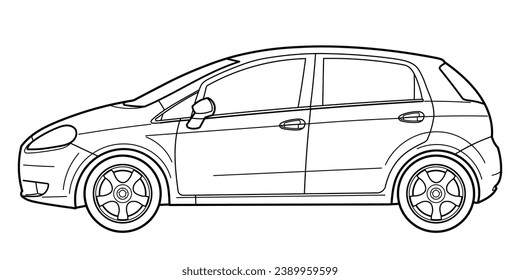 Outline drawing of a hatchback car from side view. Vector outline doodle illustration. Design for print or color book	
