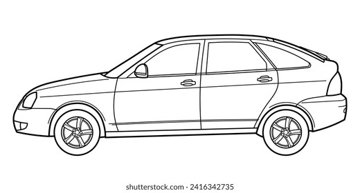 Dibujo de esquema de un coche de retroceso desde la vista lateral. Estilo clásico. Ilustración del doodle del contorno del vector. Diseño para la impresión o el libro de colores	

