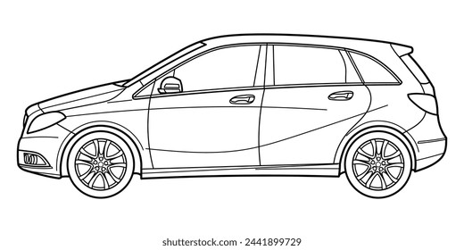 Outline drawing of a hatchback car from side view. Classic style. Vector outline doodle illustration. Design for print or color book	