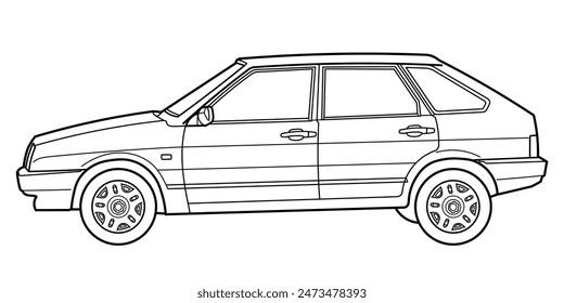 Dibujo esquemático de un coche con maletero desde la vista lateral. Estilo clásico de los años 80 y 90. Ilustración de garabato con contorno de Vector. Diseño para libro impreso o en color