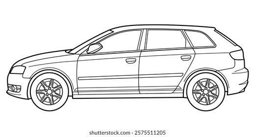 Outline drawing of a hatchback car from side view. Classic style. Vector outline doodle illustration. Design for print or color book	
