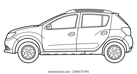 Outline drawing of a hatchback car from side view. Classic style. Vector outline doodle illustration. Design for print or color book