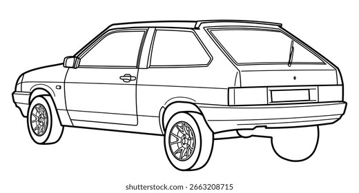 Outline drawing of a hatchback car from side view. Classic style of 80s, 90s. Vector outline doodle illustration. Design for print or color book, non ai, full hand drawn
