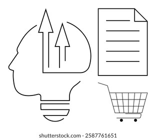 Outline drawing of a head with arrows, a paper document, and a shopping cart. Ideal for business, strategy, education, shopping, marketing. Minimalist style