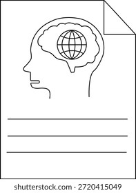 Contorno desenho cabeça com globo dentro linhas cerebrais abaixo canto da página dobrado