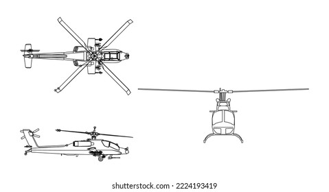 Outline drawing of helicopter on white background. Top, side, front view. Technical blueprint. Vector illustration