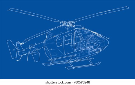 Outline drawing of helicopter. Vector rendering of 3d. The layers of visible and invisible lines are separated