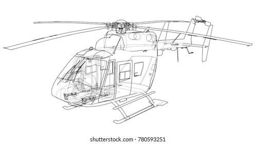 Dibujo de esquema del helicóptero. Representación vectorial de 3d. Las capas de líneas visibles e invisibles están separadas