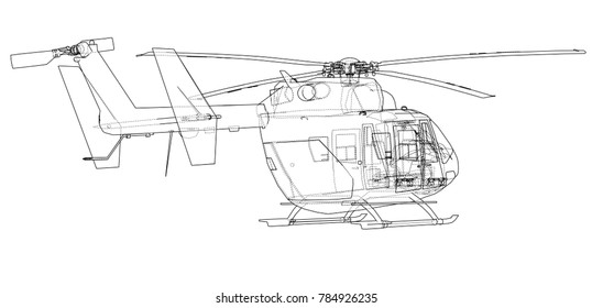 Outline drawing of helicopter. Vector rendering. The layers of visible and invisible lines are separated