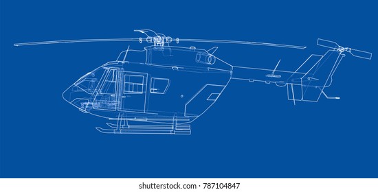 Outline drawing of helicopter. Vector rendering of 3d. The layers of visible and invisible lines are separated