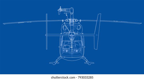 Outline drawing of helicopter. Vector rendering of 3d. The layers of visible and invisible lines are separated