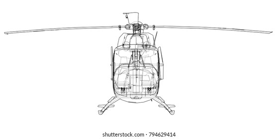 Outline drawing of helicopter. Vector rendering of 3d. The layers of visible and invisible lines are separated