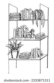 Dibujo de esquema de la estantería doméstica. Librería con libros y plantas domésticas. Ilustración vectorial dibujada a mano. Clásico de estilo retro grabado aislado en fondo blanco.