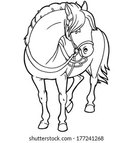 outline drawing of a horse with a saddle