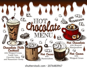 Outline drawing hot chocolate menu with melted chocolate, hot cocoa, marshmallow, whipped cream, candy cane, cinnamon isolated on white background. Sketch drawing winter drinks. Vector illustration.