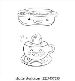 Outline drawing of  hot dog and coffee in a mug.  Black and white Vector icon cute illustration. Sticker kawaii cartoon logos. Food concept.  