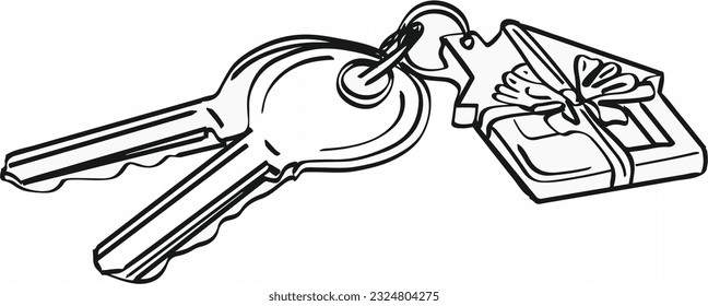 outline drawing of house key with small house badge with bow, key silhouette vector, Whimsical House Key Design: Outline Drawing with Adorable House Badge and Bow