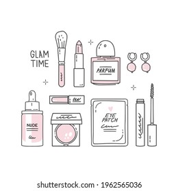 Outline drawing icons set. Fashion sketch. Make-up and beauty, cosmetics packaging. Mascara, lipstick, powder, eye shadow, foundation, eye patches, perfume, brush, earrings. Inscription "glam time".