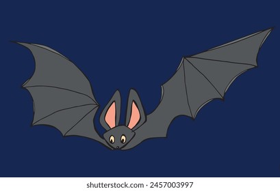 Outline drawing illustration of a bat. Coloured drawing of a flying bat in the sky.