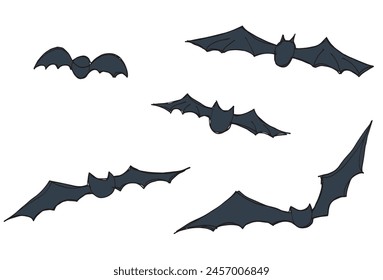 Outline drawing illustration of a bat. Flying bats in the sky black and white illustration.