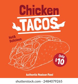 Outline drawing illustration of Tacos Authentic Mexican Food