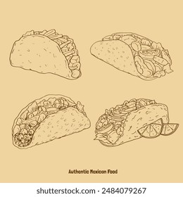 Outline drawing illustration of Tacos Authentic Mexican Food