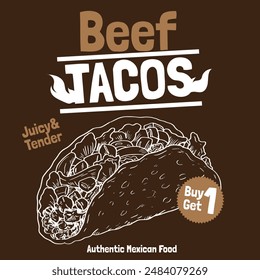 Outline drawing illustration of Tacos Authentic Mexican Food