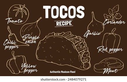 Outline drawing illustration of Tacos Authentic Mexican Food
