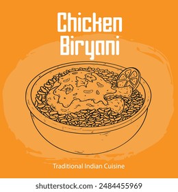 Dibujo de dibujo de pollo de comida india Biryani Ilustración