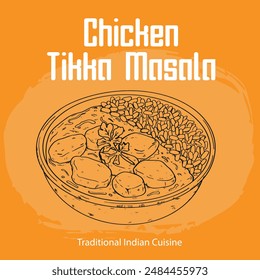 Outline Drawing Indian Food Chicken Tikka Masala Illustration