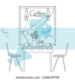 Outline drawing with an inscription. Street cafe with colored spots. Table setting. Table with chairs. Flavored coffee. St. Valentine. Window with lanterns.