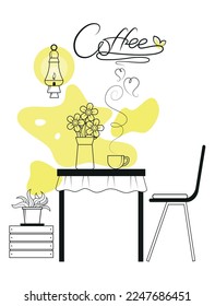 Outline drawing with an inscription.Coffee table. Table setting. Table with a chair. Flavored coffee. Flowers in a vase. St. Valentine. Window with a lantern.